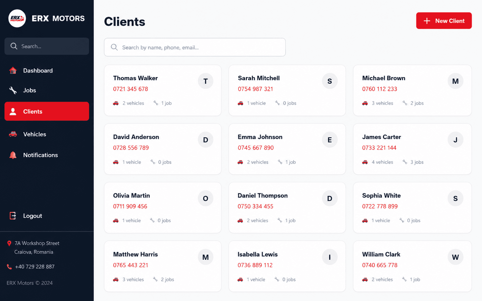 The Clients list — each customer's phone number, vehicle count and open job count, with search by name, phone or email