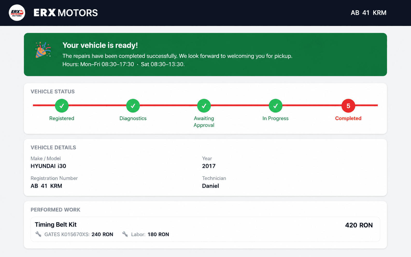 A customer's live tracking page for their vehicle — a five-step status bar, vehicle details, technician and the itemised, priced work performed