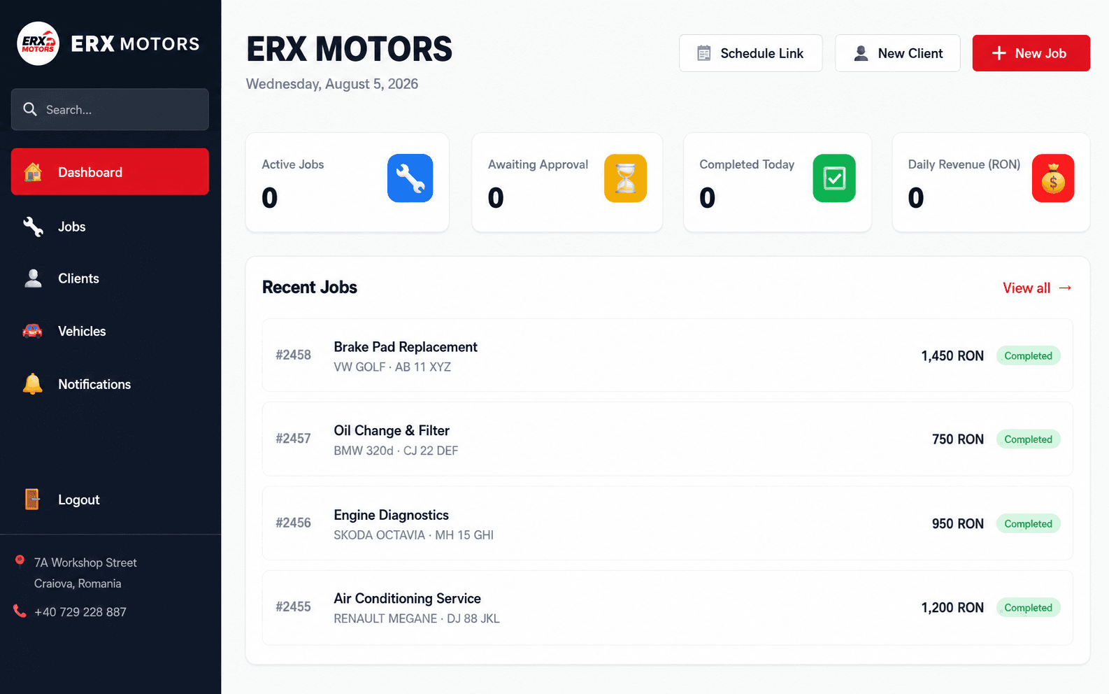 The ERX Motors dashboard showing active jobs, the day's bookings and each job's status at a glance