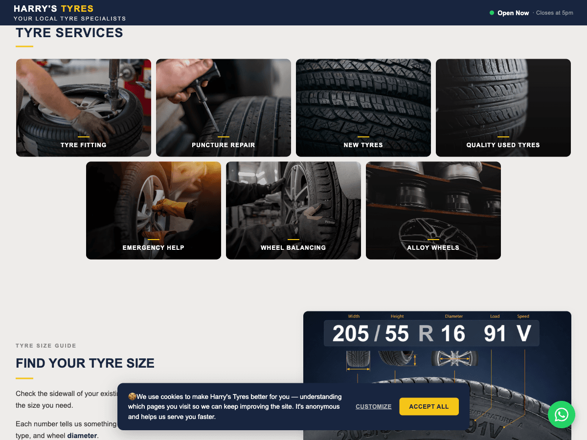 Harry's Tyres services grid, from tyre fitting to alloy wheels, with a tyre-size guide below