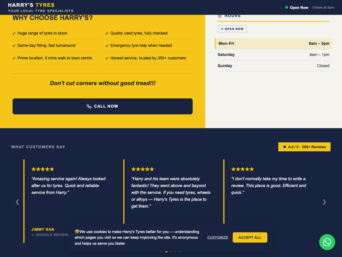 Why Choose Harry's checklist, live opening hours, and real Google reviews from customers