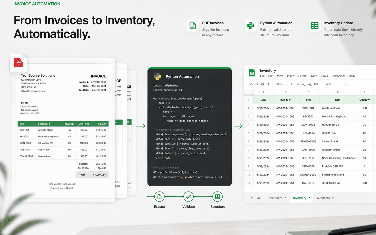 A supplier invoice PDF parsed by Python into structured rows, flowing directly into the inventory sheet