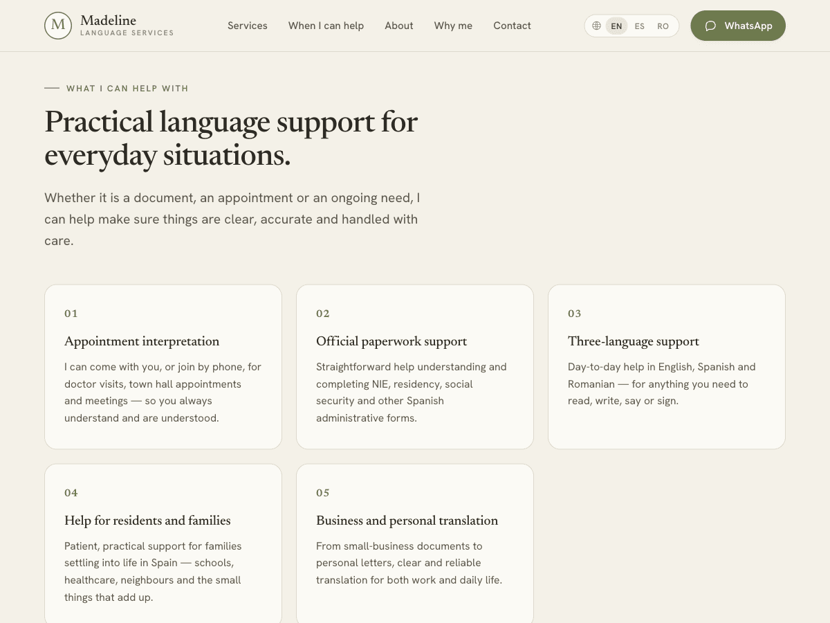 Madeline Language Services 'What I can help with' cards covering appointments, paperwork and translation