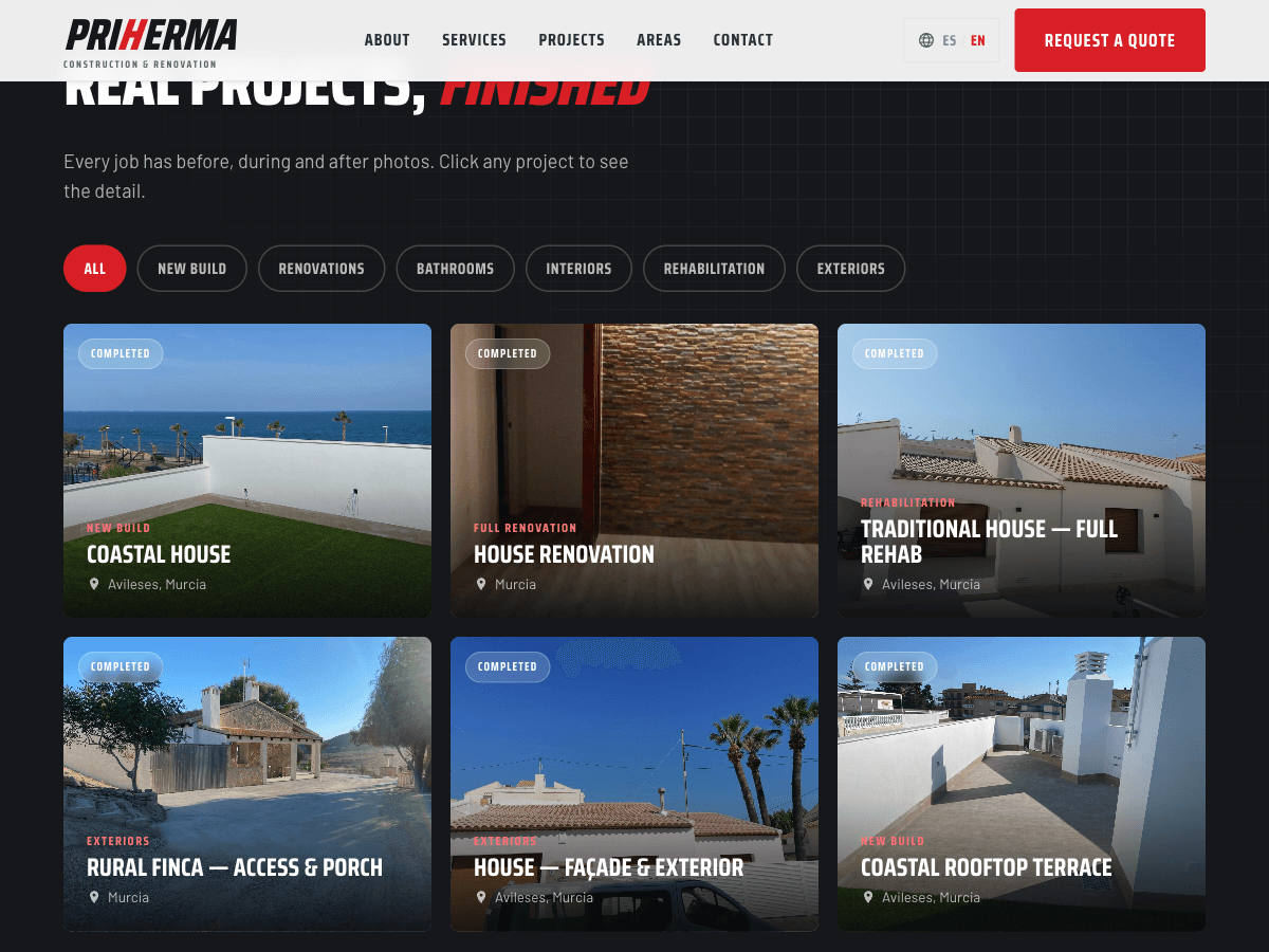 Priherma completed projects grid, filterable by category, each card tagged with location and status