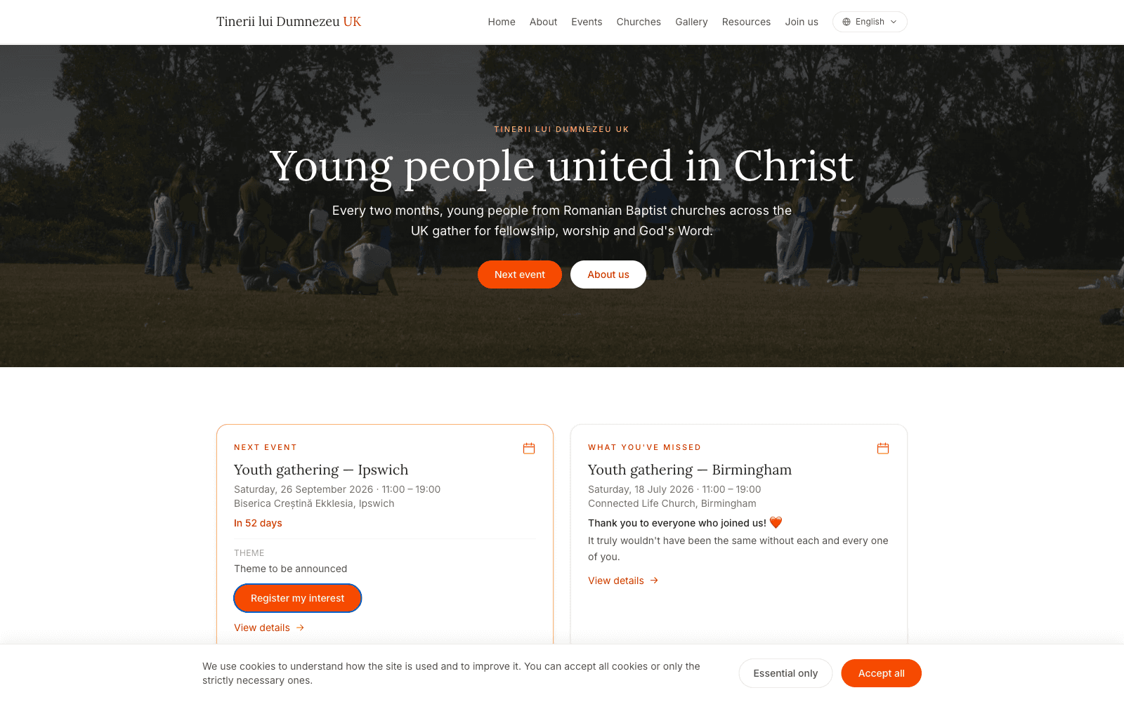 Tinerii lui Dumnezeu UK website shown on a desktop layout