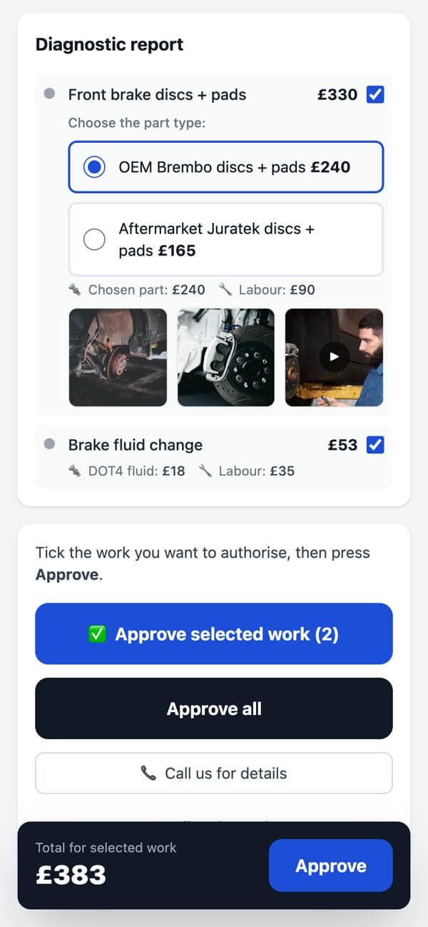 The customer's page on a phone: the diagnostic report with a choice of parts, photos and a video of the brakes, and the Approve buttons