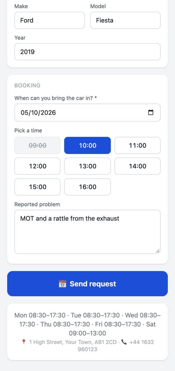 The booking page on a phone: Monday 5 October chosen, 09:00 taken, 10:00 selected
