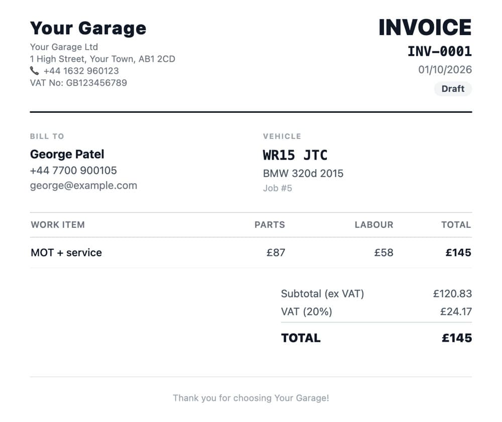 Invoice INV-0001 for an MOT and service, £145 including VAT