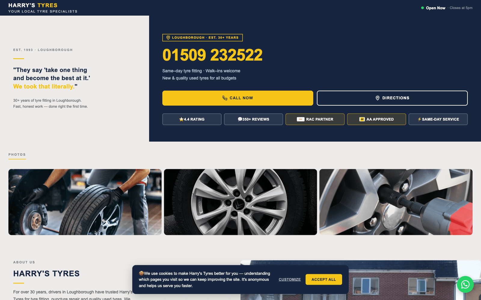 Harry's Tyres website shown on a desktop layout