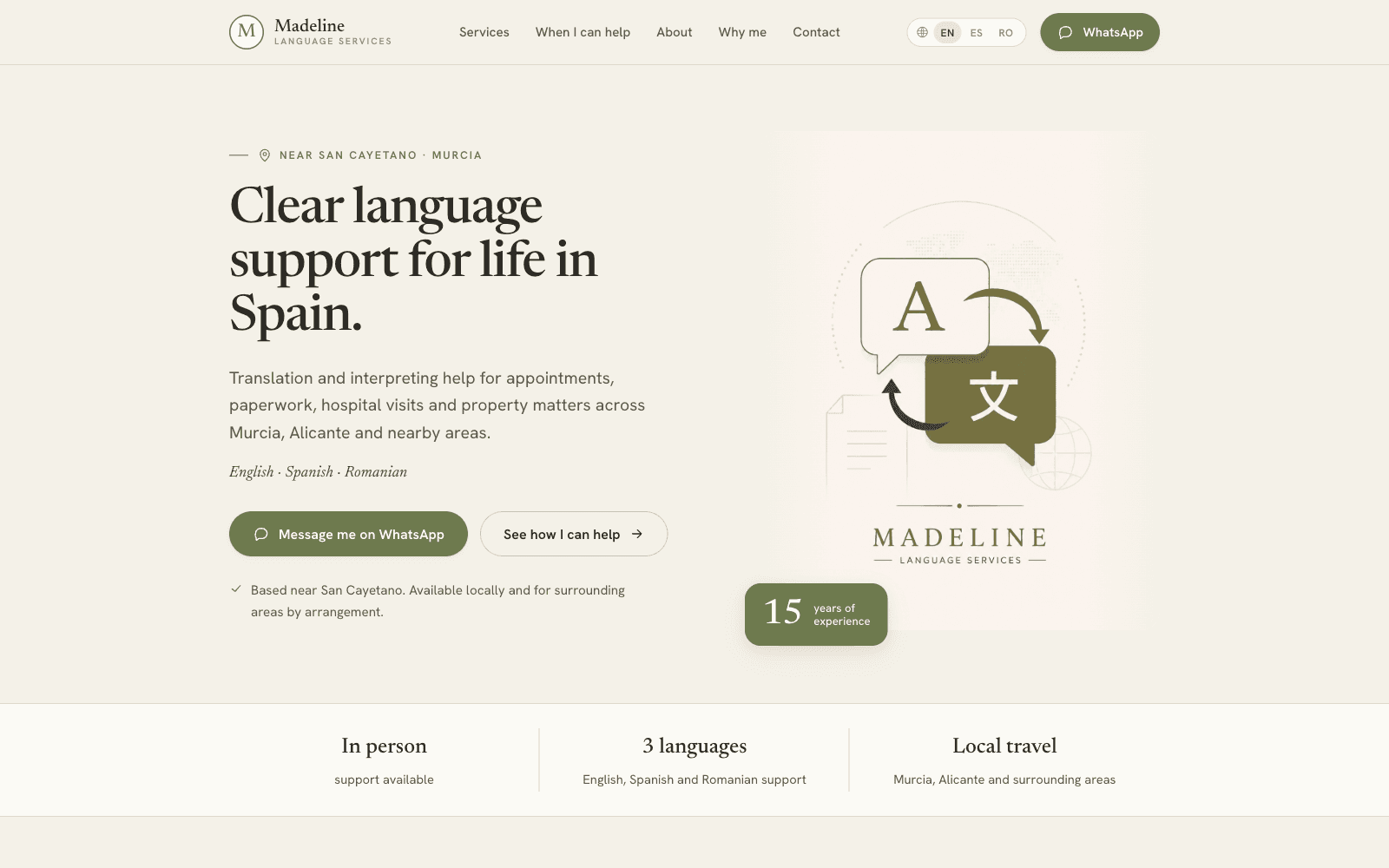 Madeline Language Services website shown on a desktop layout