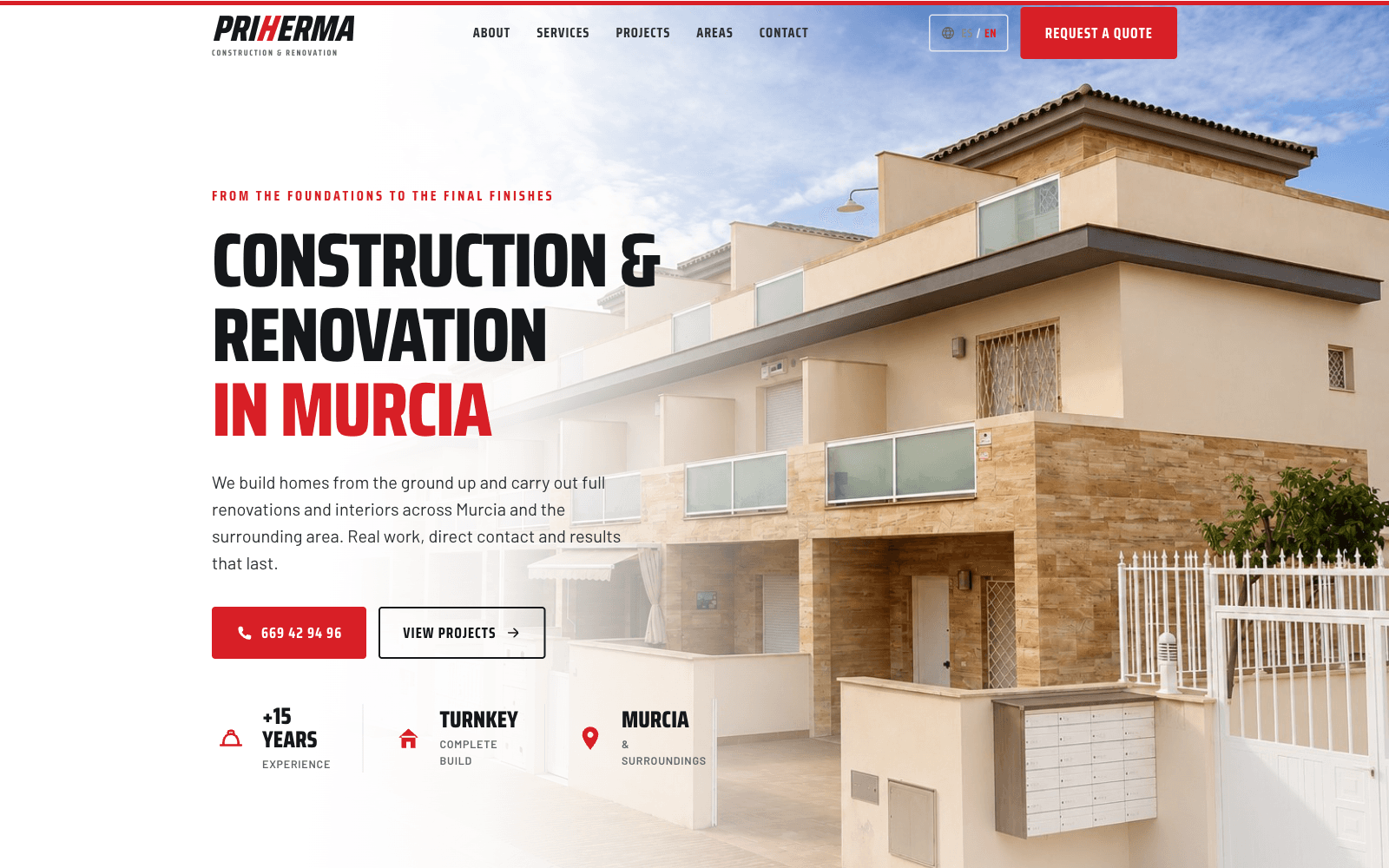 Priherma construction portfolio shown on a desktop layout