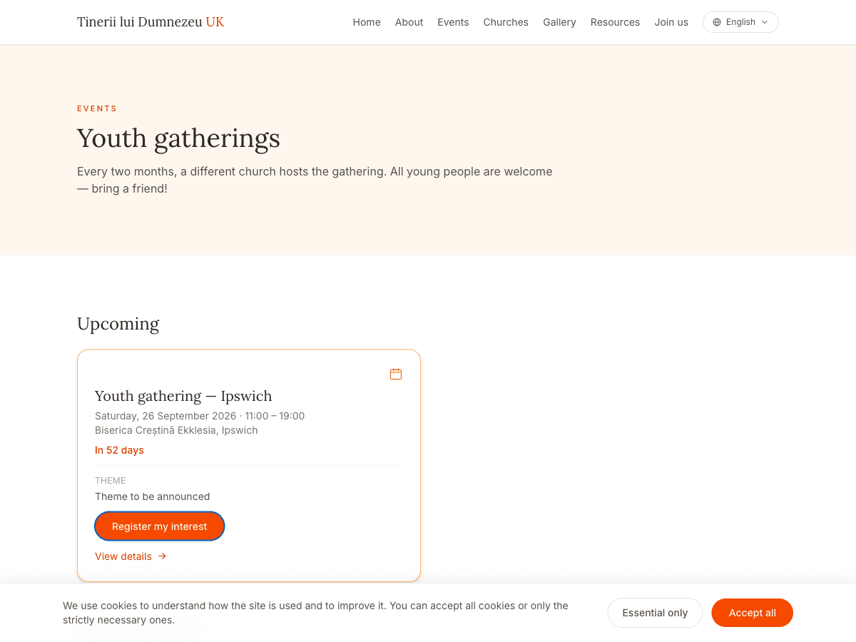 Tinerii lui Dumnezeu UK events calendar, showing the next gathering counting down live