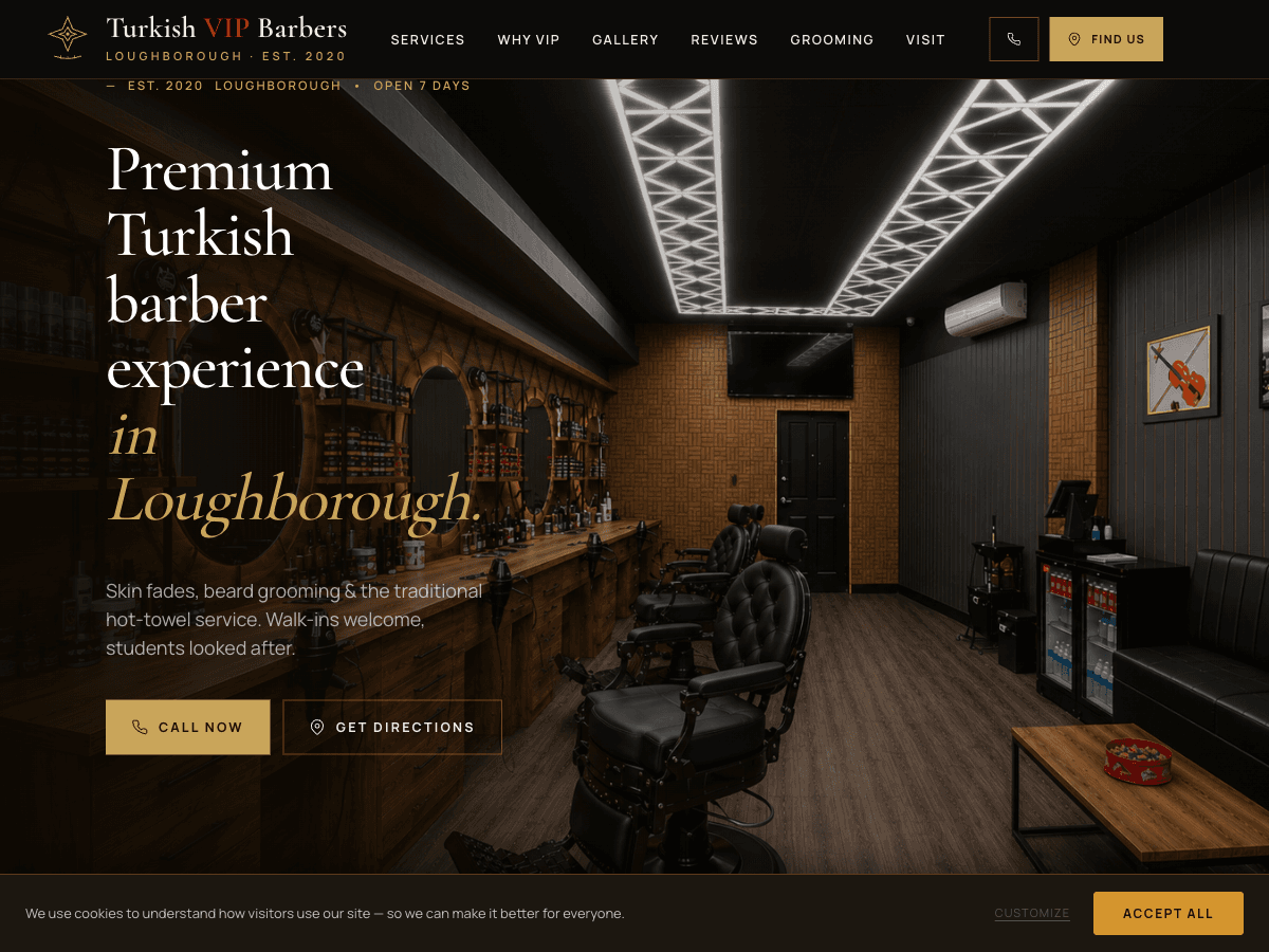 The VIP Turkish Barbers homepage, showing the shop interior behind the opening headline
