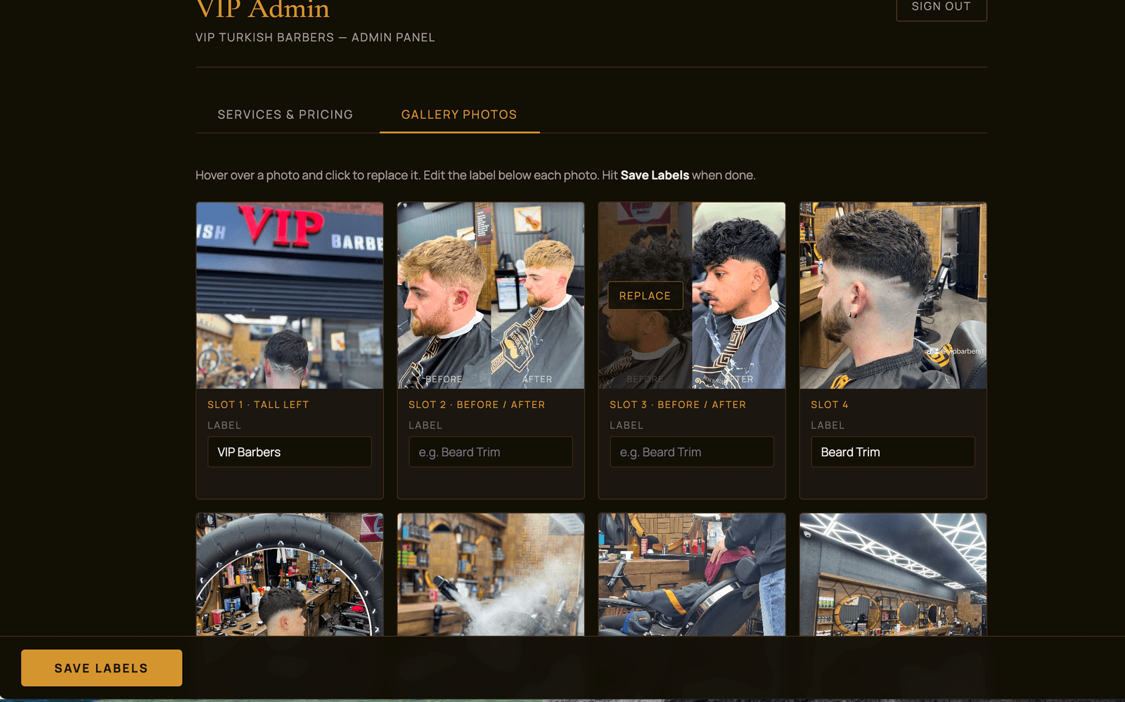 The admin panel's gallery tab, where the owner replaces any photo and edits its label