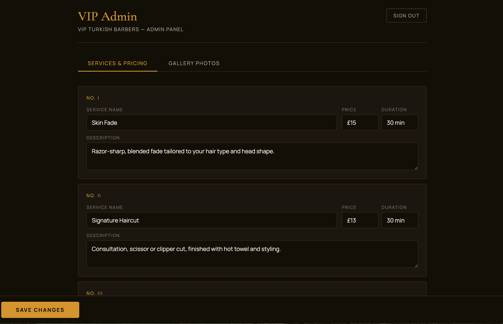 The admin panel where the owner edits each service's name, price, duration and description
