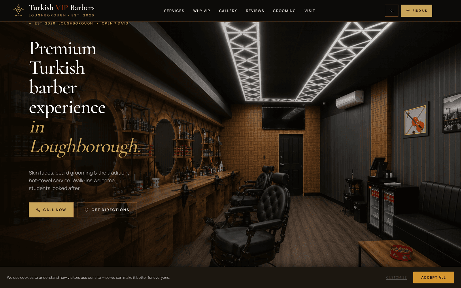 VIP Turkish Barbers website shown on a desktop layout